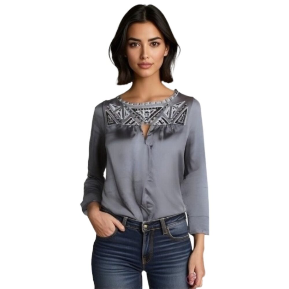 Bob Mackie Gray Satin Blouse with Embroidered Yoke